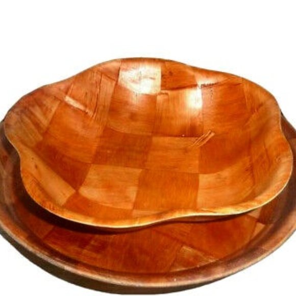 Home Master Two Ornate Vintage Woven Wood Bowl & Circle Tray Set - Picture 1 of 5